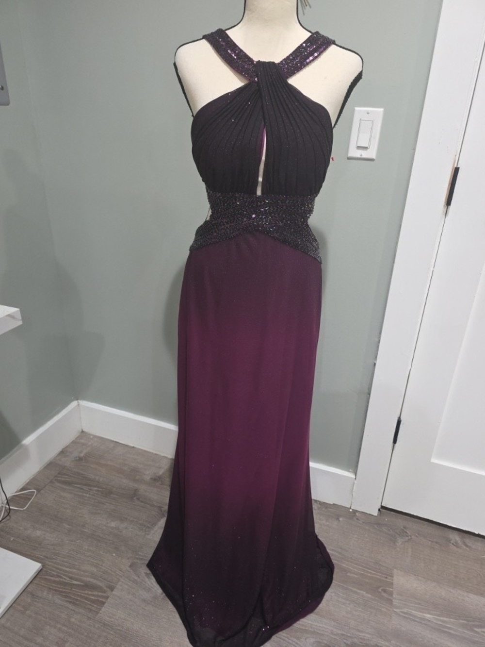 Betsy Adams Burgundy Maxi Dress with Slits and Halter Neckline for Graduation.